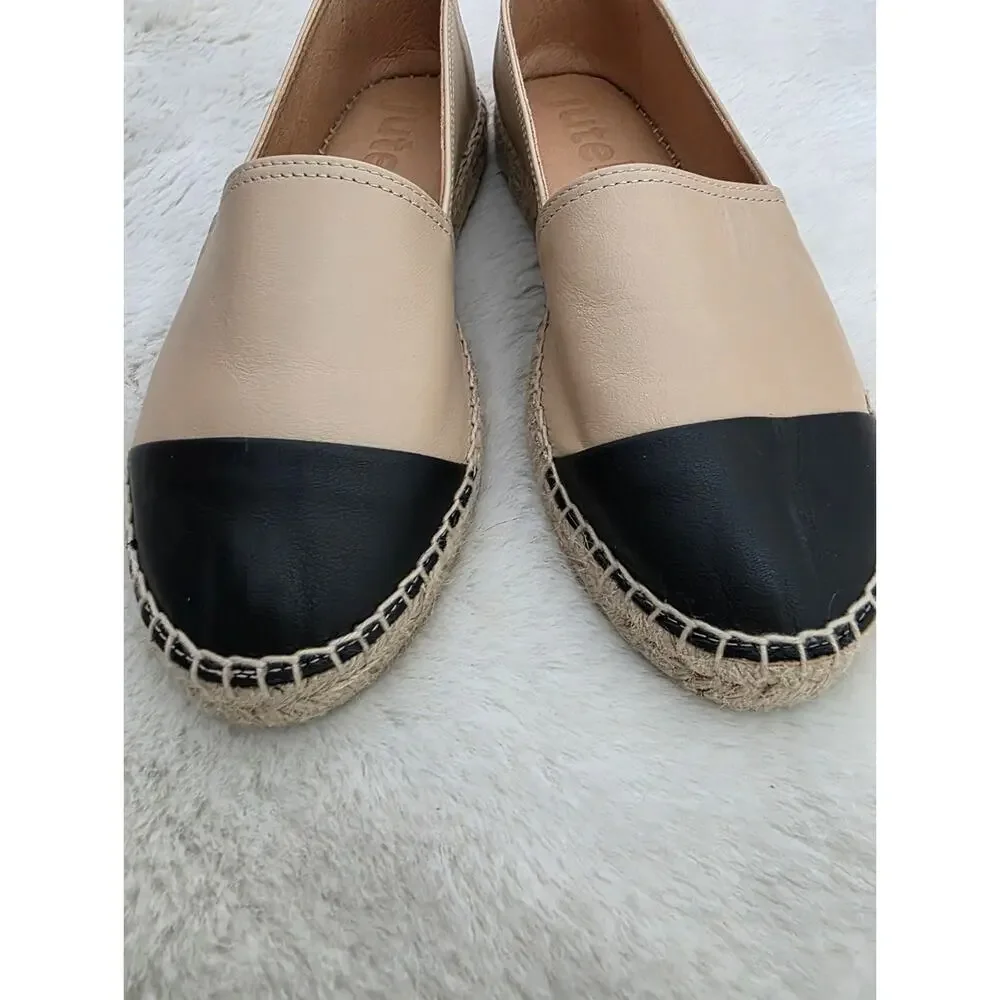 Jutelia Espadrilles Cream Leather Black Cap Toe Slip On Flats Shoes EU 39 US 8.5